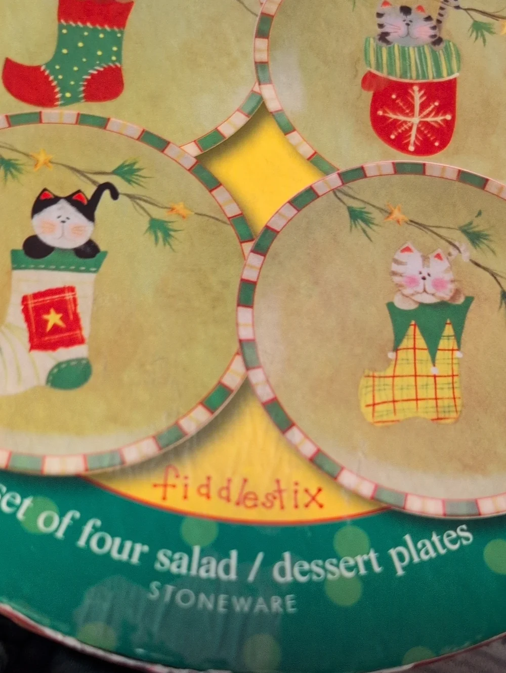 Vintage Oneida Fiddlestix Stocking Cats Stoneware Salad Dessert Plates Set of 4
